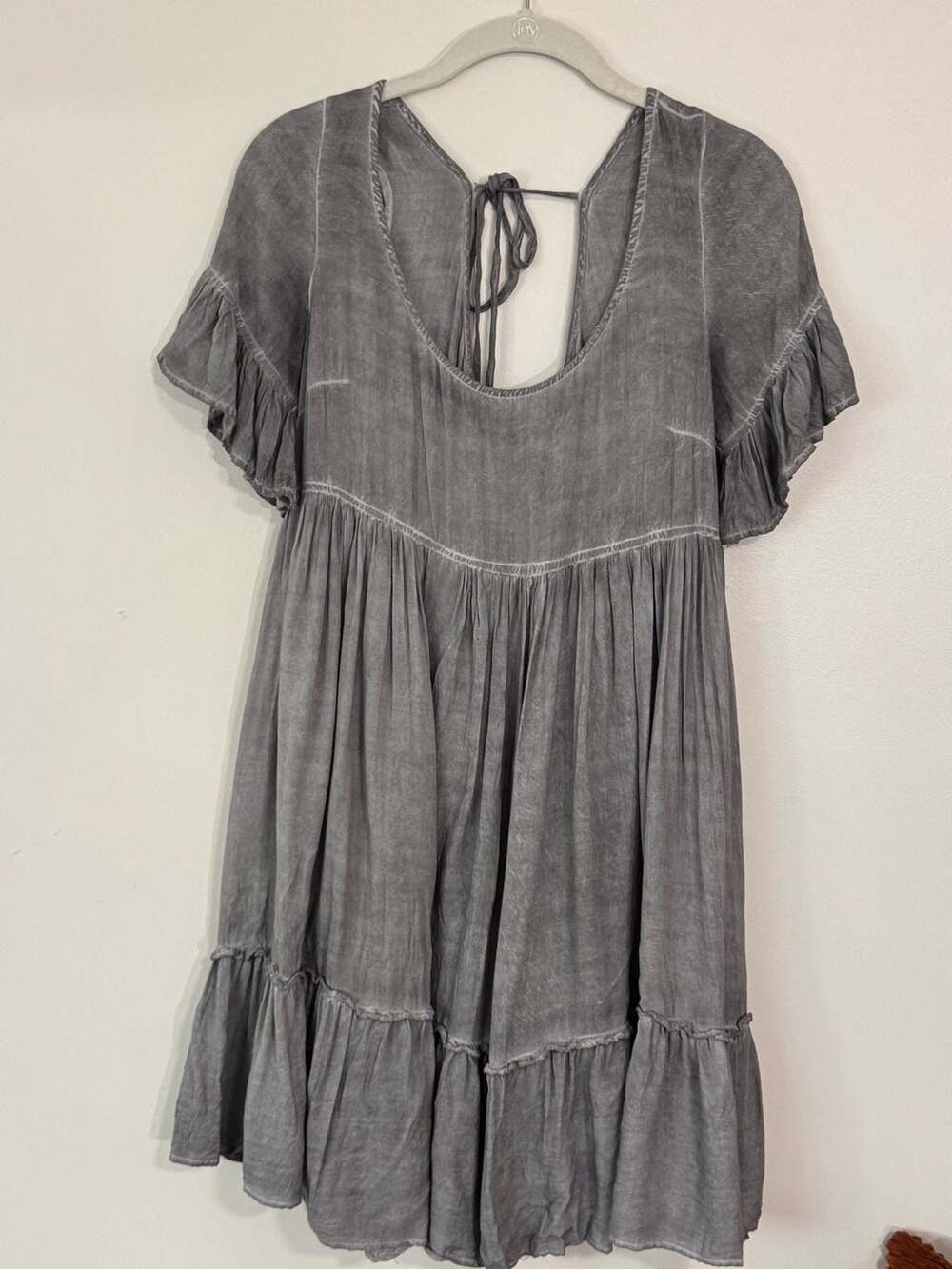 Entro Mini Dress Size S Grey Acid Wash Tiered Ruffle Boho Short Sleeve